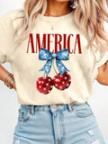 Women's Cherry & Bow Print Round Neck Tee, Casual Star & Striped Print Short Sleeve T-Shirt for Daily Wear, Ladies...
