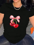 Women's Cherry & Bow Print Round Neck Tee, Fashion Casual Crew Neck T-Shirt for Daily Holiday Vacation Outdoor Wear,...