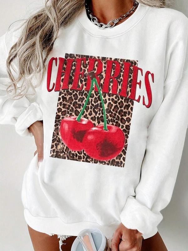 Women's Cherry & Leopard-Print Crew Neck Pullover, Casual Fashion Long Sleeve Sweatshirt for Daily Wear, Ladies Fall &...
