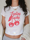 Women's Cherry & Letter Print Crop Tee, Casual Short Sleeve Crew Neck T-shirt for Summer, Fashion Women's Top for Daily...