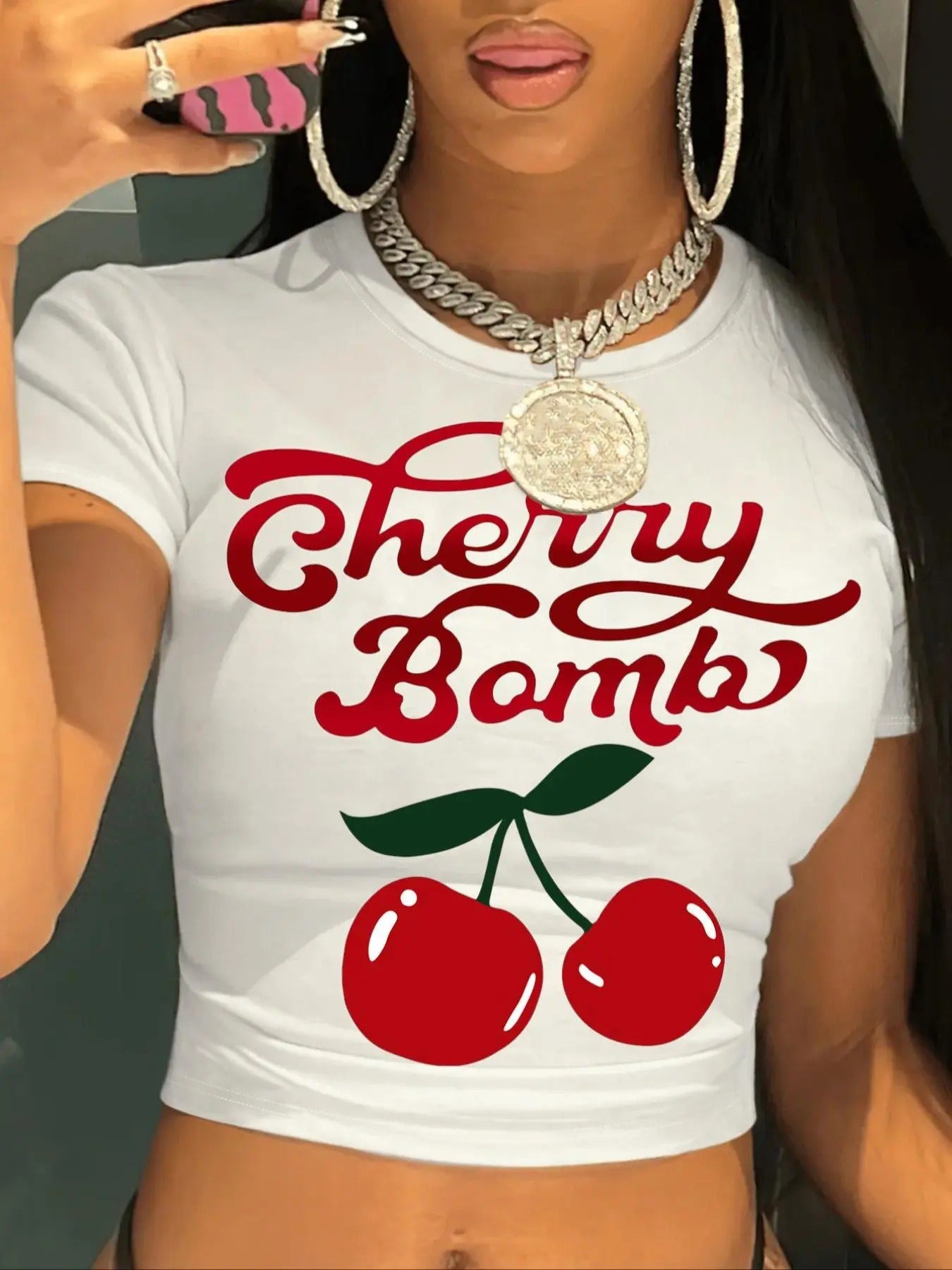 Women's Cherry & Letter Print Round Neck Crop Tee, Casual Short Sleeve Crew Neck Skinny T-shirt for Summer, Fashion...