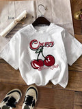 Women's Cherry & Letter Print Round Neck Tee, Casual Short Sleeve Crew Neck T-Shirt for Daily Wear, Ladies Clothes for...
