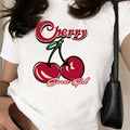 Women's Cherry & Letter Print Round Neck Tee, Casual Short Sleeve Crew Neck T-shirt for Spring & Fall, Fashion Women's...