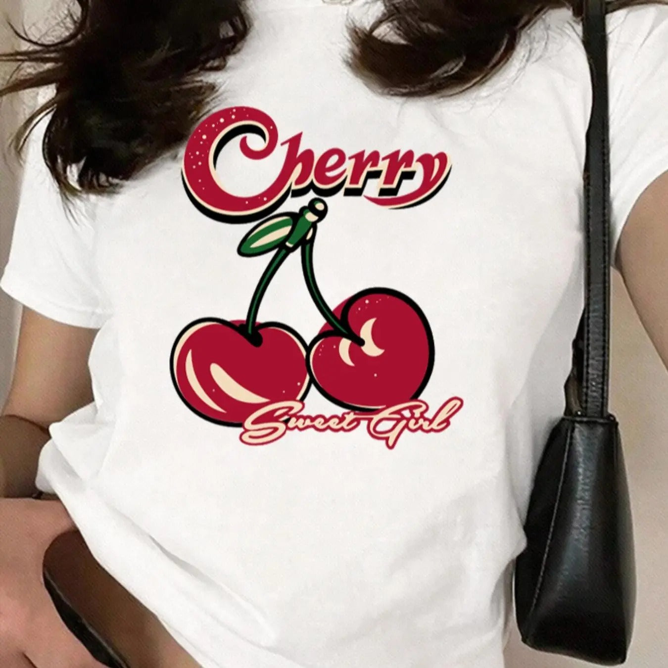 Women's Cherry & Letter Print Round Neck Tee, Casual Short Sleeve Crew Neck T-shirt for Spring & Fall, Fashion Women's...