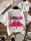 Women's Cherry & Letter Print Round Neck Tee, Vintage Trendy Casual Short Sleeve T-shirt for Daily Wear, Ladies Summer...