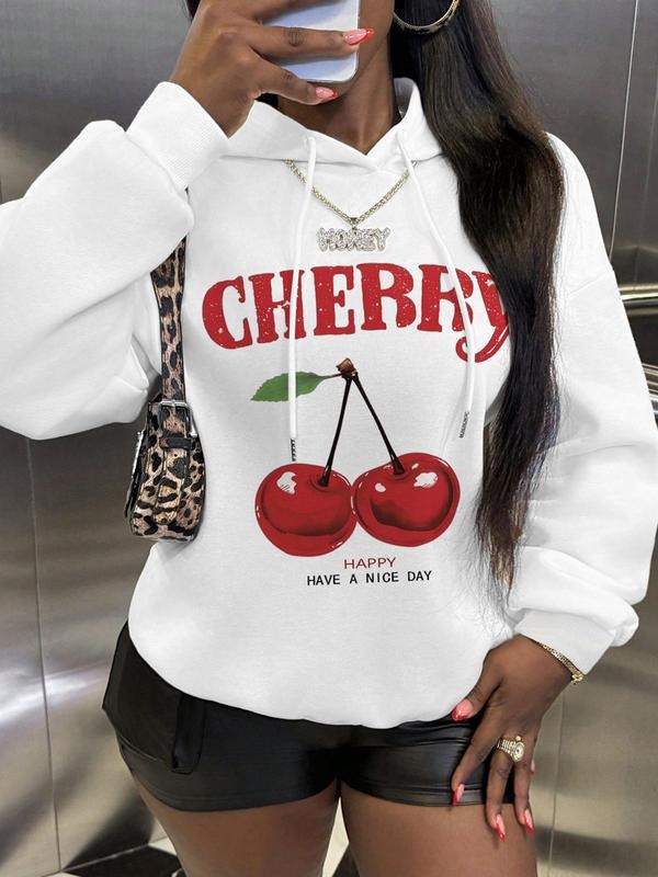 Women's Cherry Print Hoodie, Fashion Casual Letter Print Hooded Sweatshirt for Daily Holiday Outdoor Wear, Women Clothing...