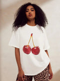 Women's Cherry Print Round Neck Tee, Casual Short Sleeve Crew Neck T-Shirt for Summer, Fashion Women's Top for Daily Wear...