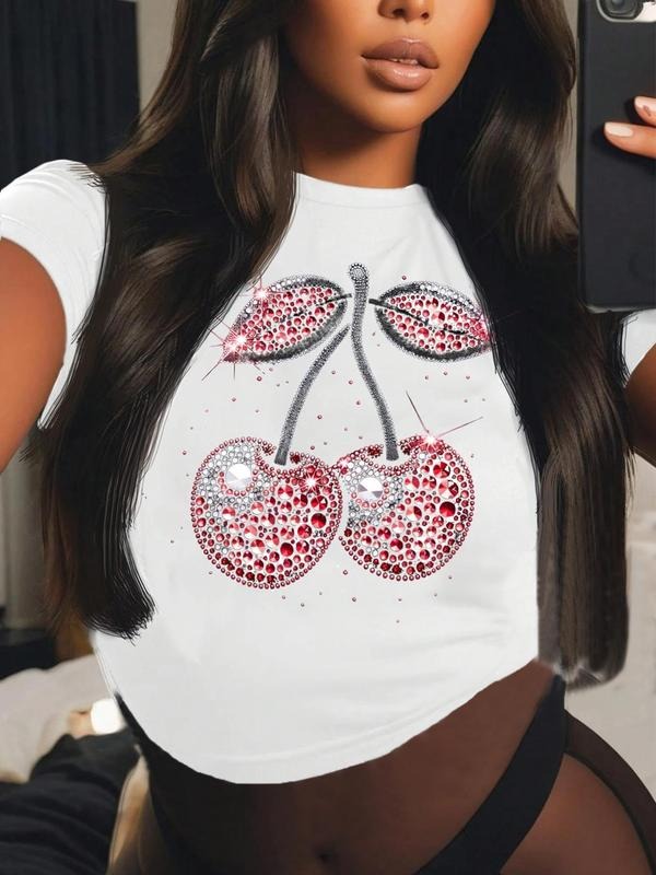 Women's Cherry Print Round Neck Tee, Fashion Casual Crew Neck T-shirt for Daily Holiday Vacation Outdoor Wear, Ladies...