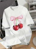 Women's Cherry Print Round Neck Tee, Fashion Casual Drop Shoulder Short Sleeve T-shirt, Ladies Summer Clothes for Daily...