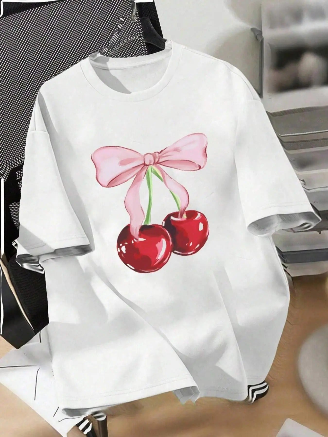 Women's Cherry Print Round Neck Tee, Fashion Casual Drop Shoulder Short Sleeve T-shirt, Ladies Summer Clothes for Daily...