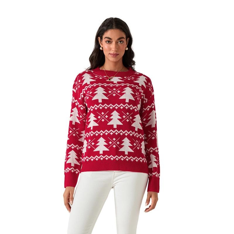 Women's Christmas Loose Sweaters Christmas Tree Print Long Sleeve Round Neck Knitwear Pullovers T-Shirts, Hoodie, Sweatshirt