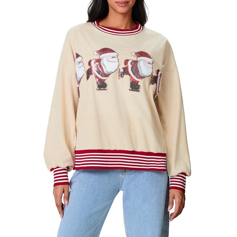 Women's Christmas Loose Sweatshirts Stripe Sequins Santa Round Neck Side Slit Long Sleeve Pullovers Fall Winter Casual...
