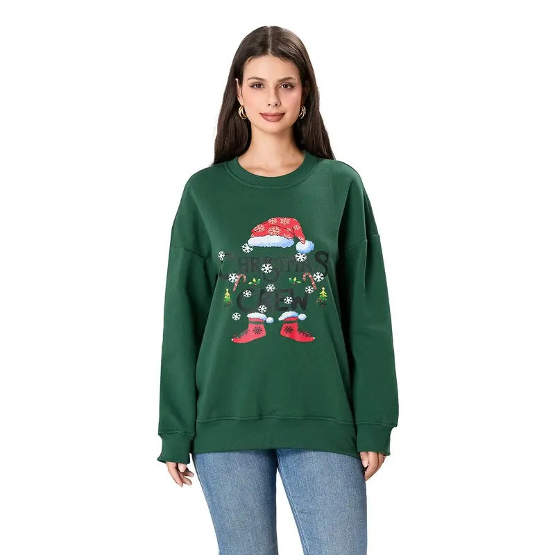 Women's Christmas Sweatshirt Long Sleeve Crewneck Letter Santa Hat Print Pullover T-Shirts, Hoodie | GrindPrints.com