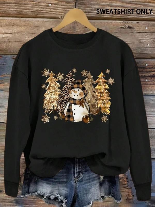 Women's Christmas Tree & Snowman Print Drop Shoulder Sweatshirt, Casual Long Sleeve Round Neck Pullover for Daily Wear,...