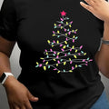 Women's Christmas Tree Print Round Neck Tee, Casual Short Sleeve Crew Neck T-Shirt for Spring & Fall, Women Clothes for...