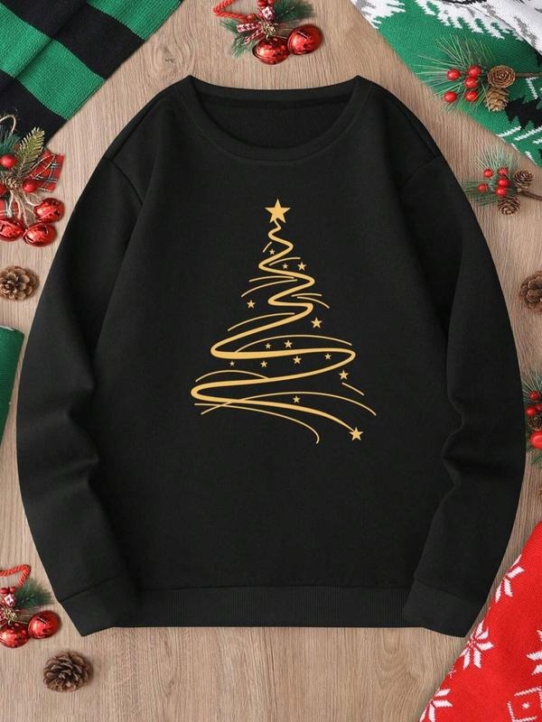 Women's Christmas Tree Print Thermal Lined Sweatshirt, Casual Long Sleeve Round Neck Pullover for Daily Wear, Ladies...