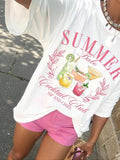Women's Cocktail & Letter Print Round Neck Tee, Casual Short Sleeve Crew Neck T-shirt for Summer, Fashion Women's Top for...