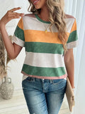 Women's Colorblock Striped Print Round Neck Tee, Casual Short Sleeve Crew Neck T-shirt for Summer, Fashion Women's Top...