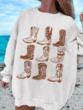 Women's Cowboy Boots Graphic Print Crew Neck Sweatshirt, Casual Drop Shoulder Long Sleeve Pullover, Women's Fall & Winter...