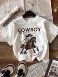 Women's Cowgirl & Letter Print Round Neck Graphic Tee, Vintage Trendy Casual Short Sleeve T-shirt for Daily Wear, Ladies...