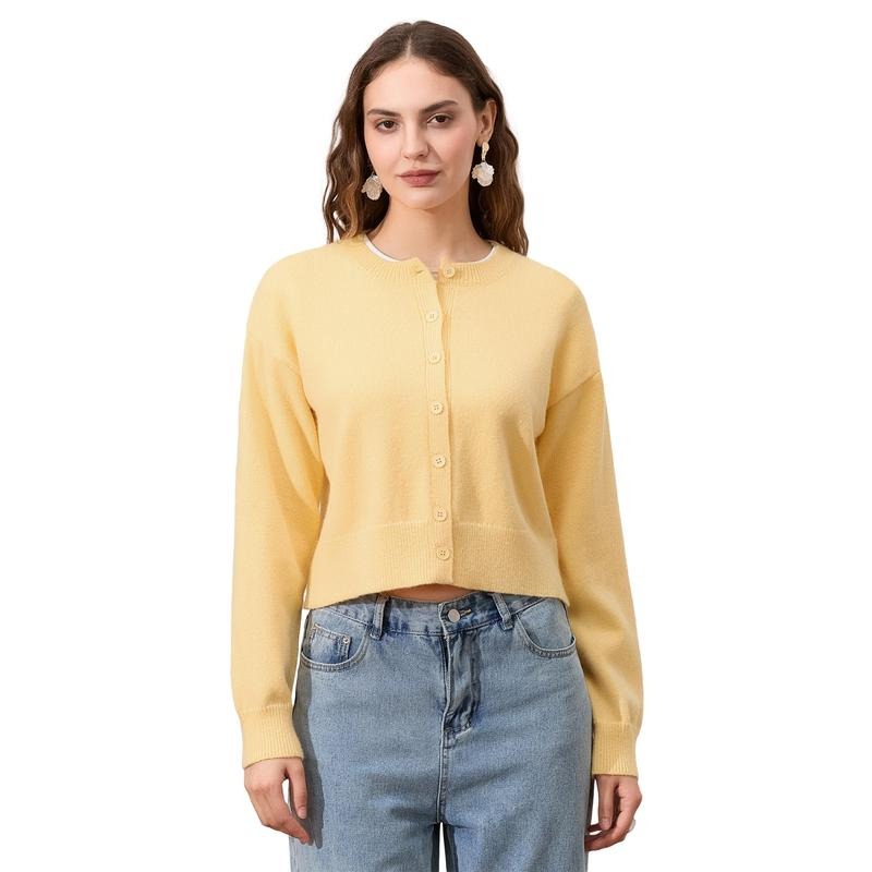 Women's Crop Knit Cardigan Solid Color Crew Neck Button Down Long Sleeve Tops for Fall Winter Cotton Knitwear T-Shirts,...