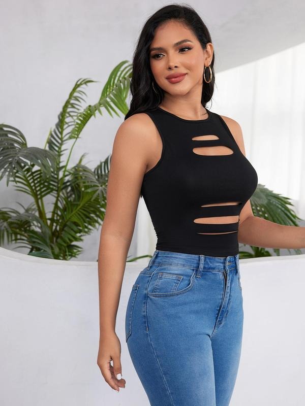Women's Cut Out Round Neck Tank Top, Summer Clothes Women, Fashion Casual Solid Sleeveless Top for Daily Wear, Women's...