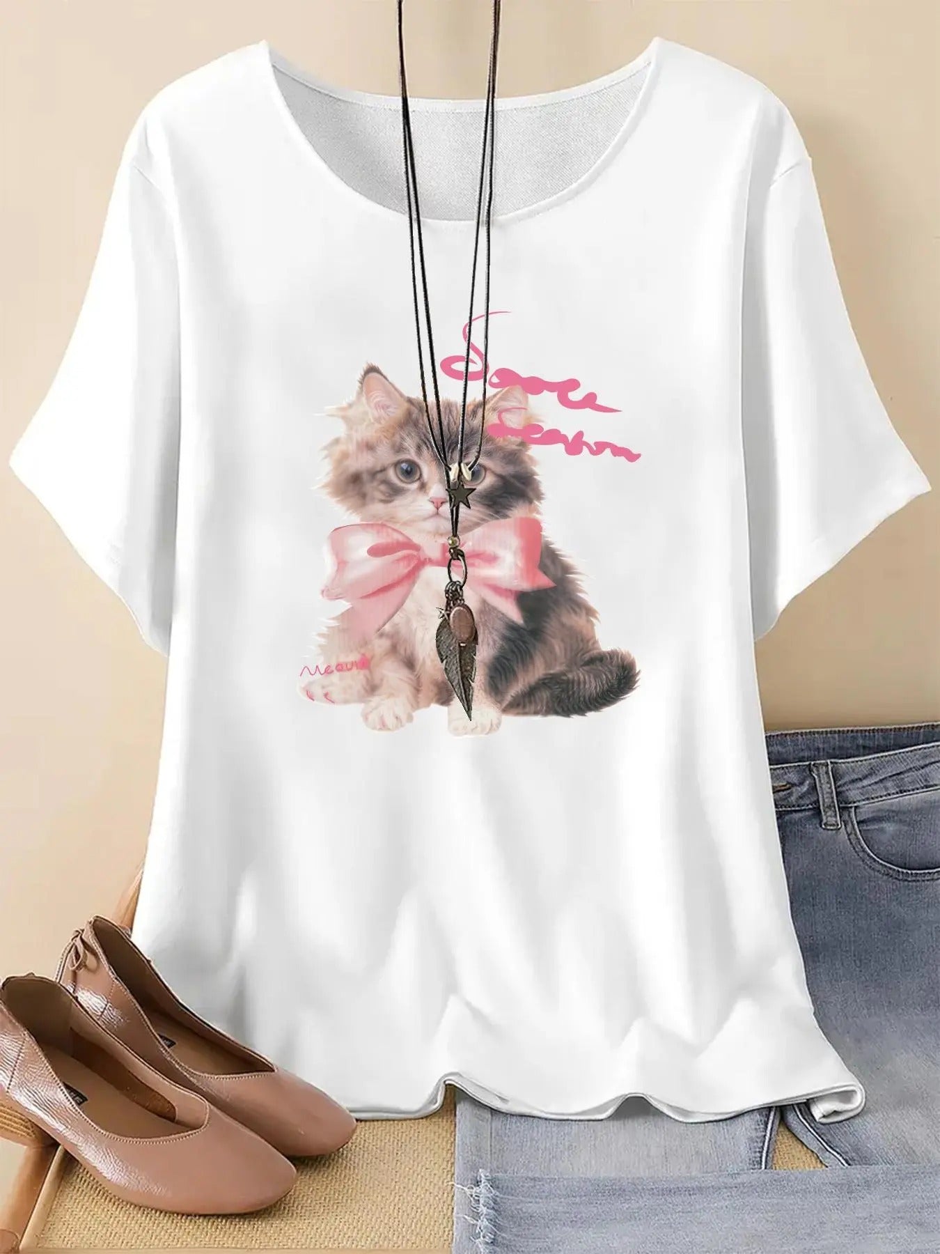 Women's Cute Cat & Letter Print Drop Shoulder Tee, Casual Half Sleeve Round Neck T-Shirt for Summer, Fashion Women's Top...