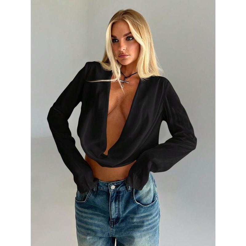 Women's Deep V Neck Draped Crop Blouse Long Sleeve Shirts Going Out Cropped Tops Hoodie, Sweatshirt | GrindPrints.com