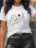 Women's Dog & Heart Print Round Neck Graphic Tee, Vintage Trendy Casual Short Sleeve T-shirt for Daily Wear, Ladies...