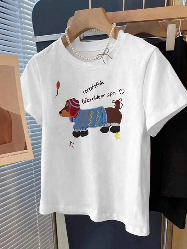 Women's Dog & Letter Print Round Neck Tee, Casual Short Sleeve Crew Neck T-shirt for Daily Wear, Ladies Clothes for All...
