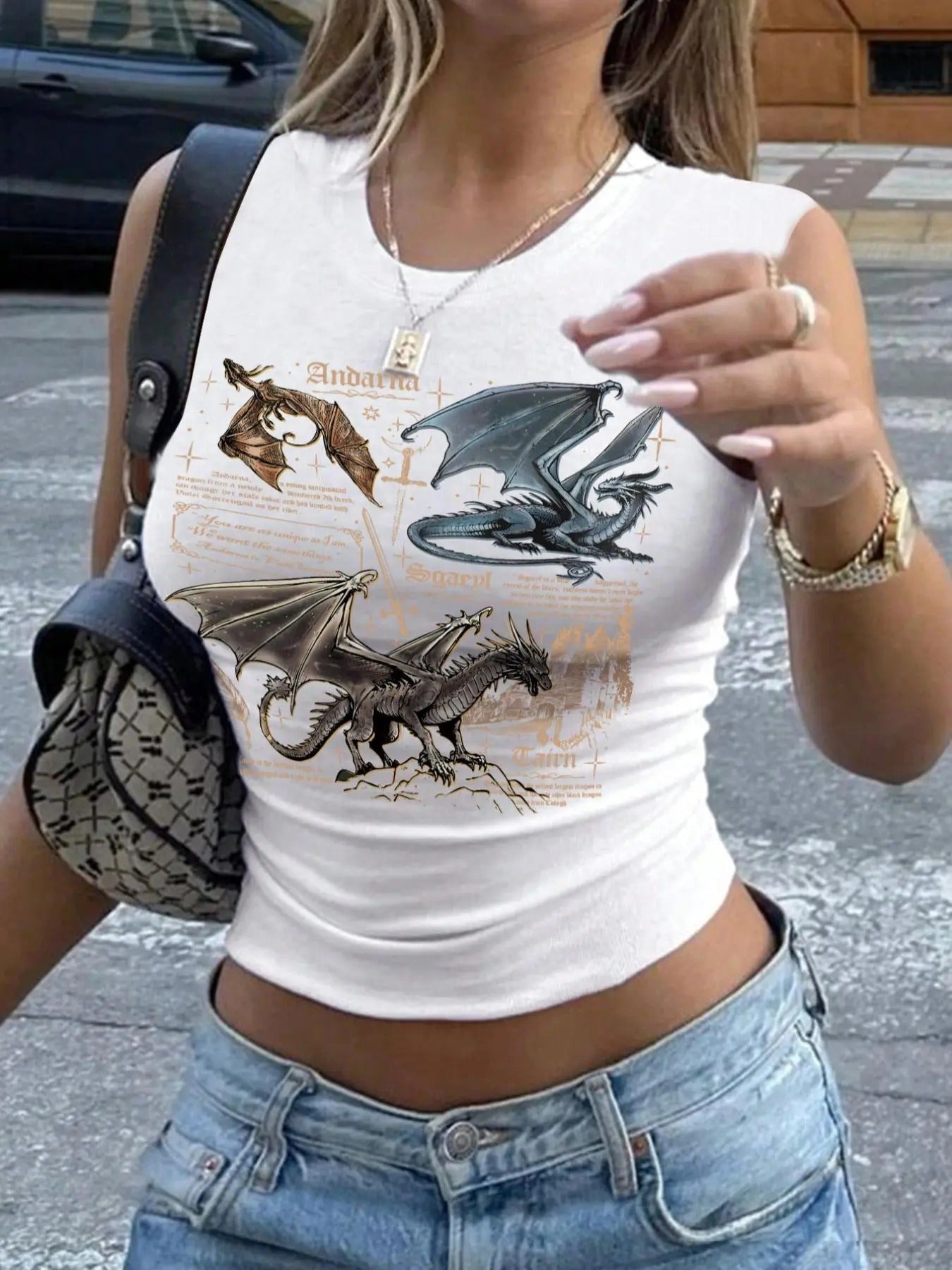 Women's Dragon & Figure Print Round Neck Tank Top, Casual Sleeveless Graphic Top for Summer, Ladies Clothes for Daily...