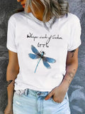 Women's Dragonfly & Letter Print Round Neck Graphic Tee, Vintage Trendy Casual Short Sleeve T-shirt for Daily Wear,...