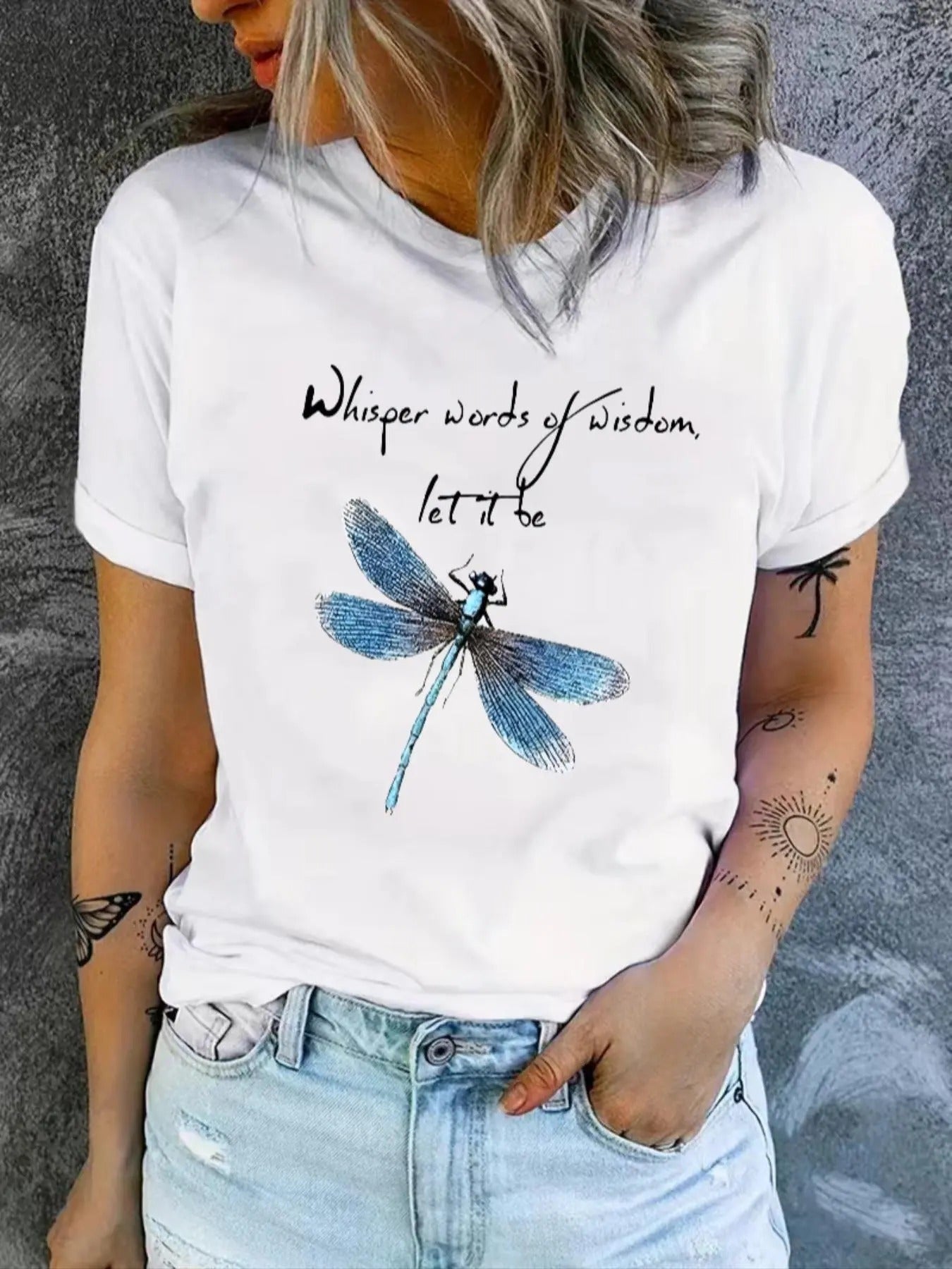 Women's Dragonfly & Letter Print Round Neck Graphic Tee, Vintage Trendy Casual Short Sleeve T-shirt for Daily Wear,...
