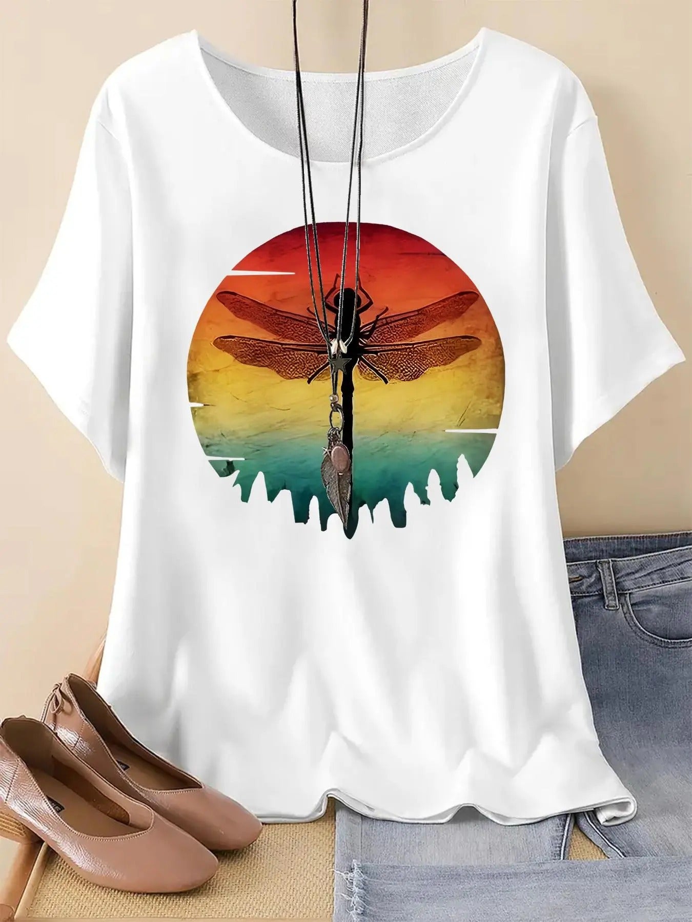 Women's Dragonfly Print Round Neck Tee, Trendy Casual Short Sleeve Crew Neck T-shirt For Daily Wear, Ladies Summer Outfit...