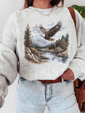 Women's Eagle & Landscape Print Crew Neck Thermal Lined Sweatshirt, Casual Long Sleeve Pullover for Fall & Winter,...