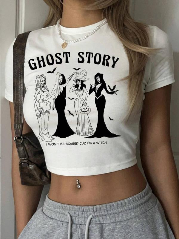 Women's Figure & Letter Print Round Neck Crop Tee, Casual Short Sleeve Crew Neck T-shirt for Summer, Fashion Women's Top...