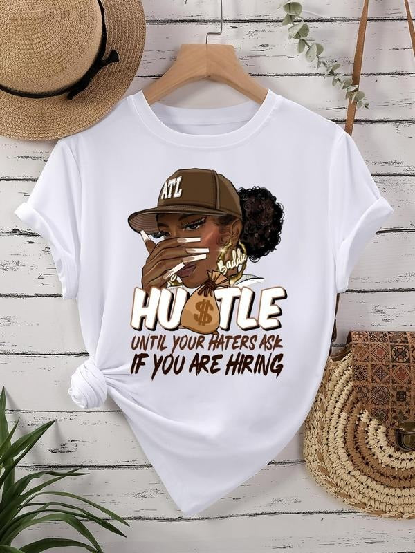 Women's Figure & Letter Print Round Neck Graphic Tee, Vintage Trendy Casual Short Sleeve T-shirt for Daily Wear, Ladies...