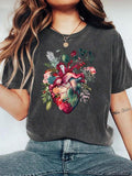 Women's Floral  & Heart Print Round Neck Tee, Fashion Casual Crew Neck T-shirt for Daily Holiday Vacation Outdoor Wear,...