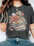 Floral & Book Print Round Neck Casual Short Sleeve Crew Neck Summer Top Daily T-Shirts, Hoodie, Sweatshirt