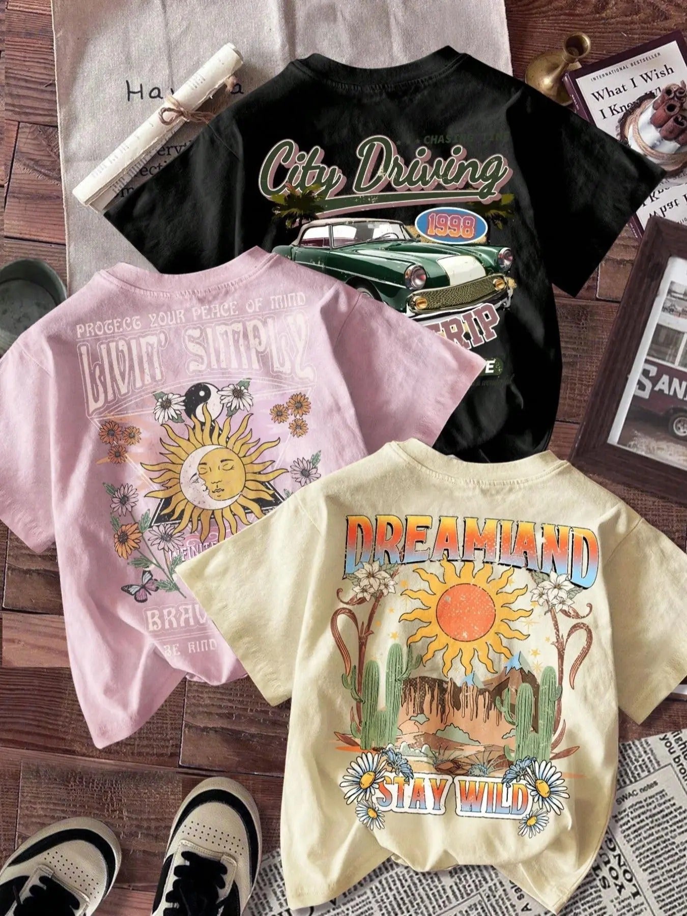 Floral & Car & Letter & Sun Print Round Neck Vintage Casual Short Sleeve Daily Summer T-Shirts, Hoodie, Sweatshirt
