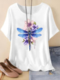 Women's Floral & Dragonfly Print Drop Shoulder Tee, Casual Short Sleeve Round Neck T-shirt for Summer, Ladies Clothes for...