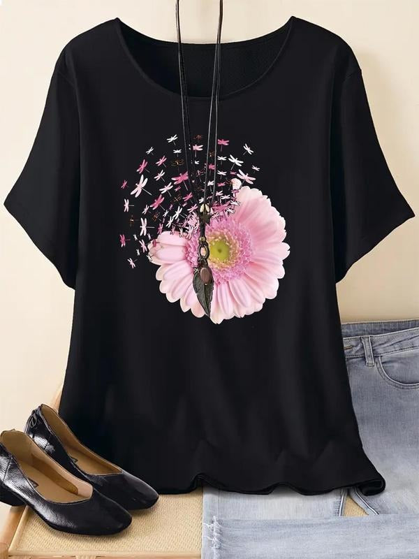 Women's Floral & Dragonfly Print Round Neck Tee, Casual Comfy Drop Shoulder Half Sleeve T-Shirt for Summer, Fashion...