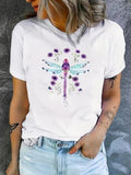 Women's Floral & Dragonfly Print Round Neck Tee, Trendy Casual Crew Neck Short Sleeve T-shirt For Daily Wear, Ladies...