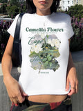 Women's Floral & Letter Print Round Neck Crop Tee, Casual Slim-fitting Short Sleeve T-shirt, Ladies Summer Clothes for...
