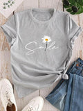 Women's Floral & Letter Print Round Neck Graphic Tee, Trendy Casual Short Sleeve T-shirt For Daily Wear, Ladies All...