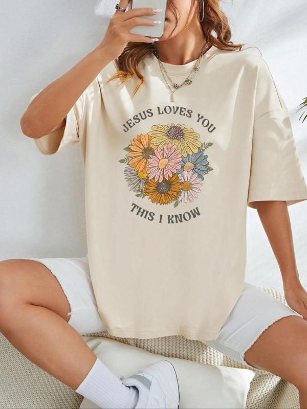 Women's Floral & Letter Print Round Neck Graphic Tee, Vintage Trendy Casual Drop Shoulder Half Sleeve T-shirt For Daily...