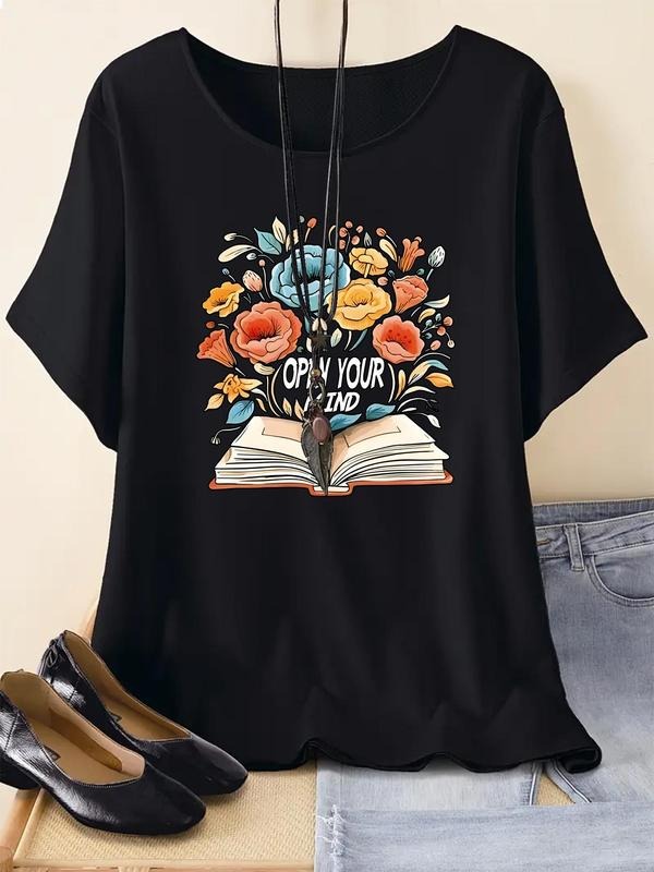 Women's Floral & Letter Print Round Neck Graphic Tee, Vintage Trendy Casual Drop Shoulder Half Sleeve T-shirt For Daily...
