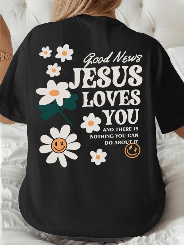 Women's Floral & Letter Print Round Neck Graphic Tee, Vintage Trendy Casual Short Sleeve T-shirt for Daily Wear, Ladies...