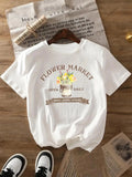 Women's Floral & Letter Print Round Neck Tee, Casual Short Sleeve Crew Neck T-Shirt for Daily Wear, Ladies Clothes for...