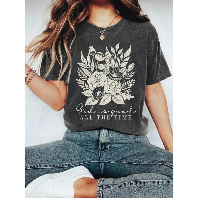 Floral & Letter Print Round Neck Casual Short Sleeve Daily Summer T-Shirts, Hoodie, Sweatshirt
